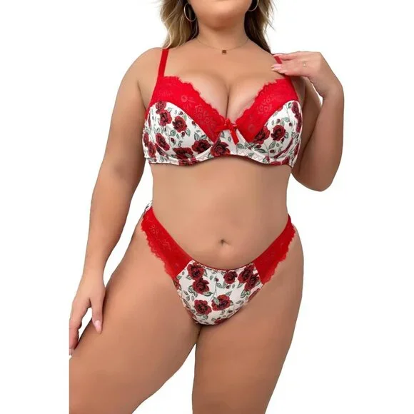 WOMEN'S Red Floral Sexy Lace Push Up Bra & Babydoll Nightwear Lingerie Set - Picture 2 of 5